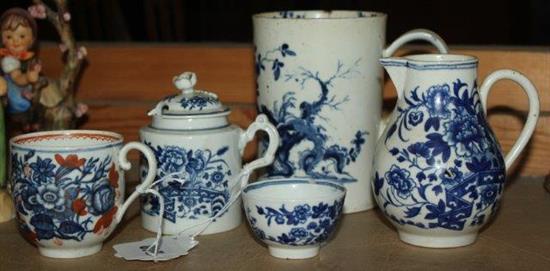 A Worcester blue and white mustard pot and cover, a miniature teabowl, & a coffee cup, c.1765-80